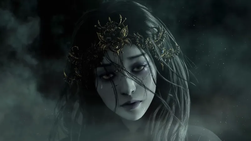 A pale woman in a gold headdress, in mist.