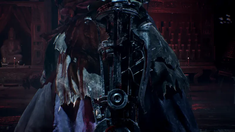 The metal back of an armoured figure.