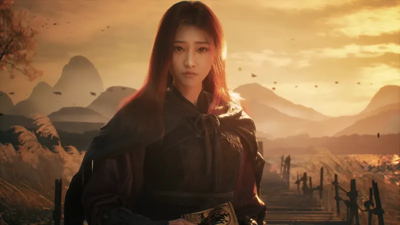 A woman in a dark cloak at sunset.