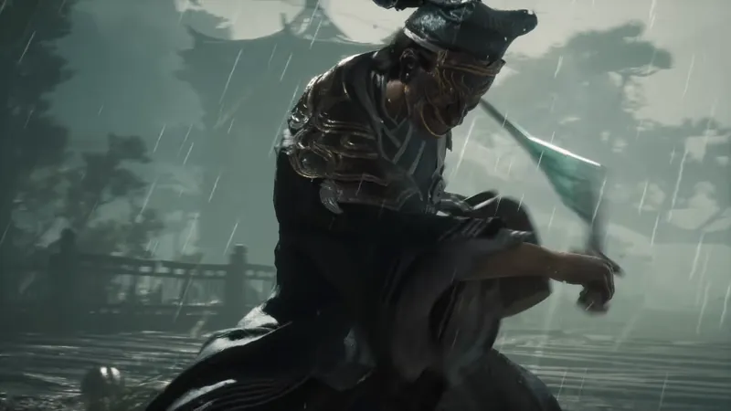 A masked figure in a hat, in the rain.