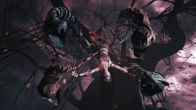 A figure hanging upside down among ropes.