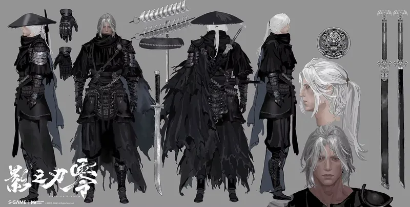 Character sheet: a figure in black armour, front, side and back.