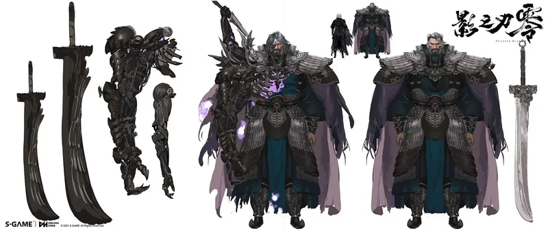 Character sheet: an armoured, bearded figure and his blades.