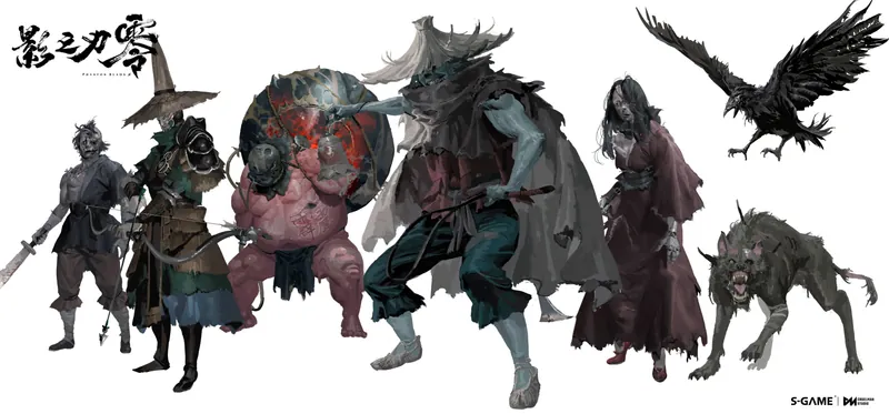 Line-up of creatures and figures.