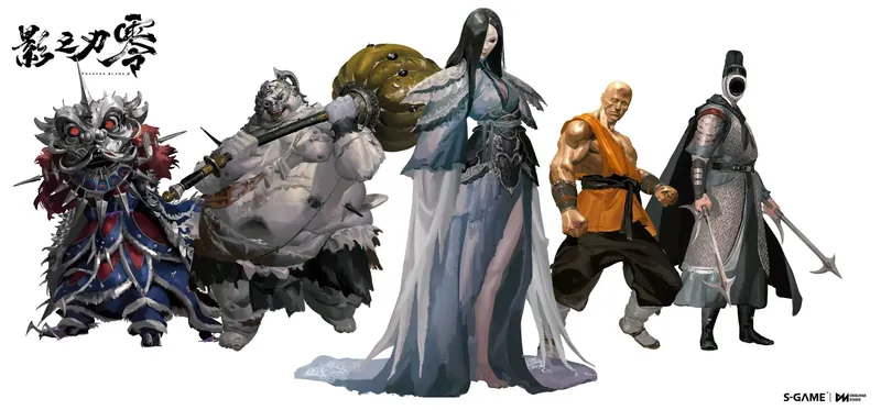 Line-up of five figures.