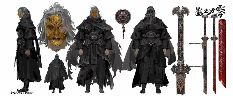 Character sheet: a robed figure, a gold mask and three swords.