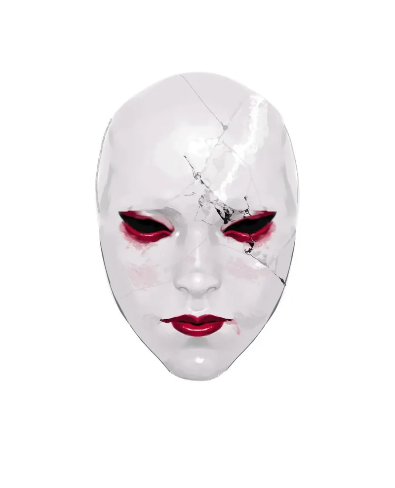 A cracked white mask with red lips.