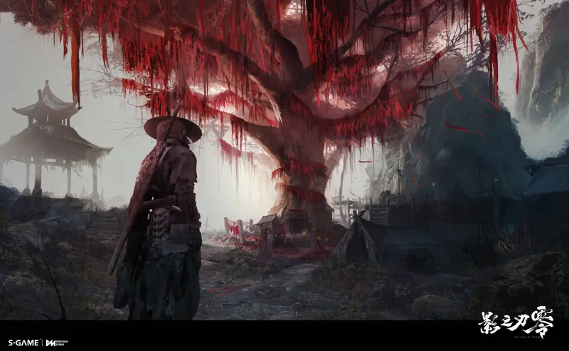 A figure under a tree hung with red cloth.