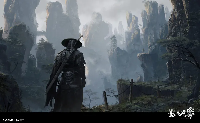 A figure above a misty gorge of stone pillars.