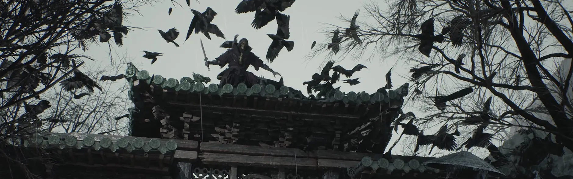 Crows burst from the roof of a carved wooden gateway; a figure crouches on the roof and another in a straw hat stands below.