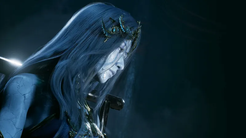 A blue-haired figure with cracked skin, head bowed.