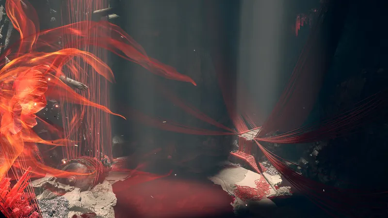 Red streaks across a dim hall.