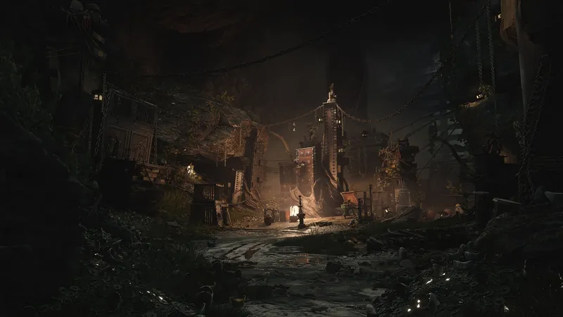 A ruined town inside a cavern.