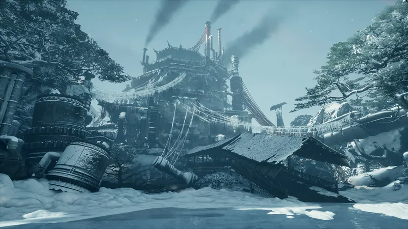 A snowbound fortress with smoking chimneys.