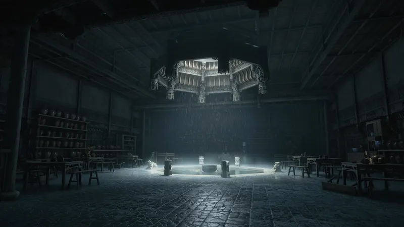 A dark hall under an octagonal opening.