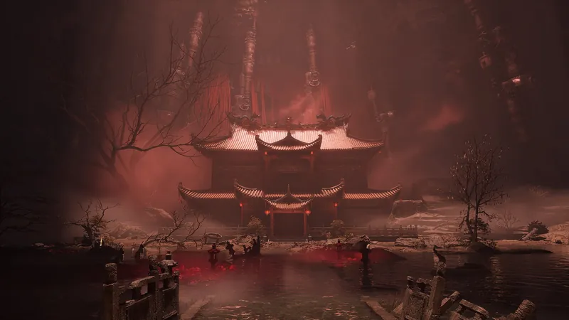 A temple on water under red mist.