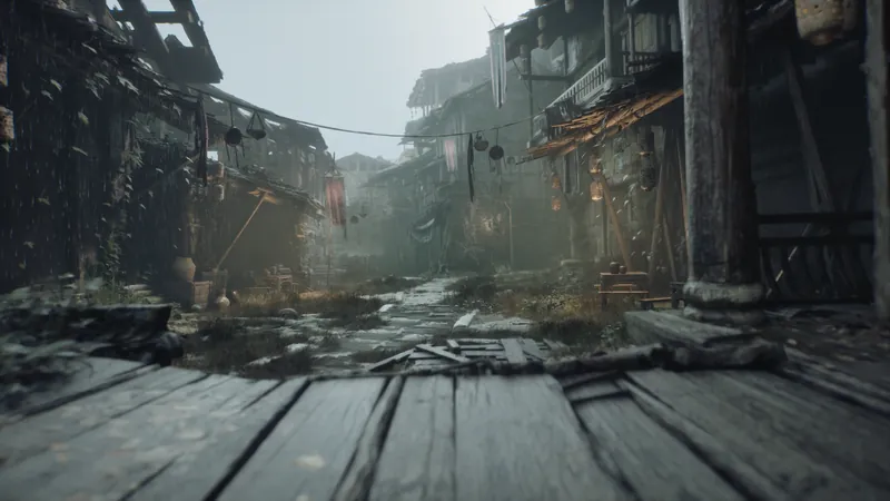 A rainy village street from a porch.