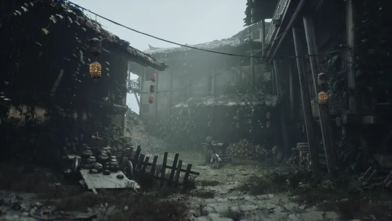 A misty alley of wooden houses.