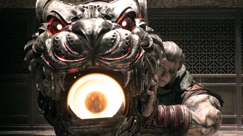 A man behind a metal beast's head with a glowing mouth.