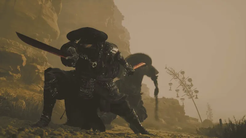 A crouching figure with a blade in a desert haze.