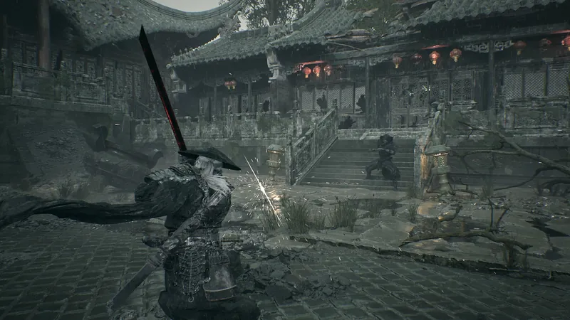 A fight in a temple courtyard; sparks fly.