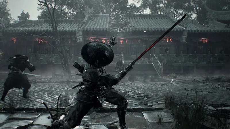 A fight in a temple courtyard in the rain.