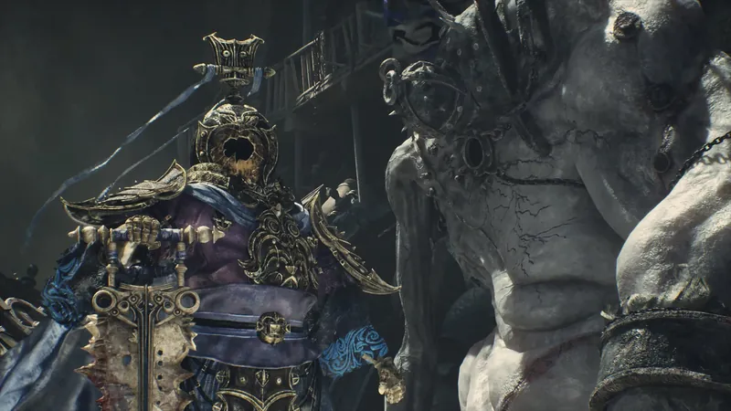 An armoured figure beside a pale giant.