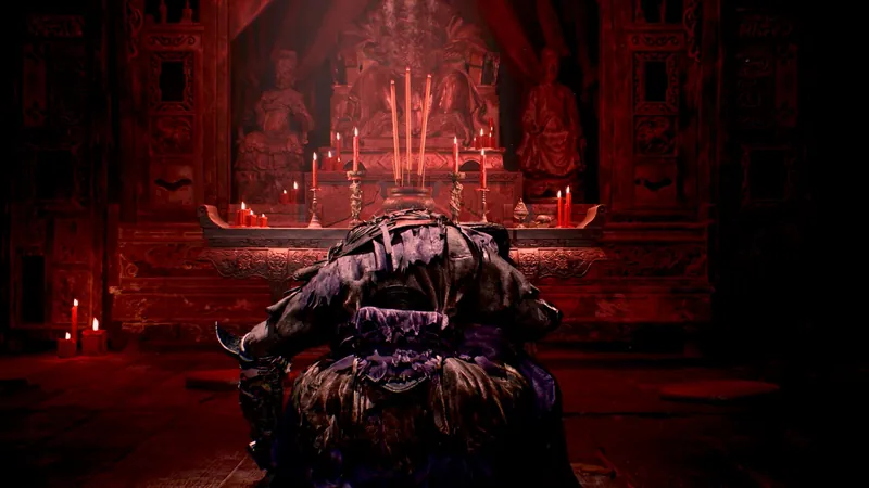 A hulking figure before a candle-lit altar.