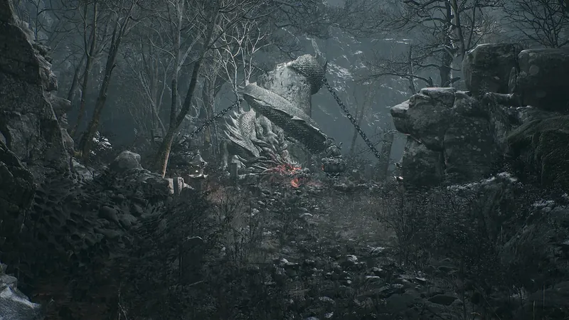 A chained dragon pillar in a dark wood.