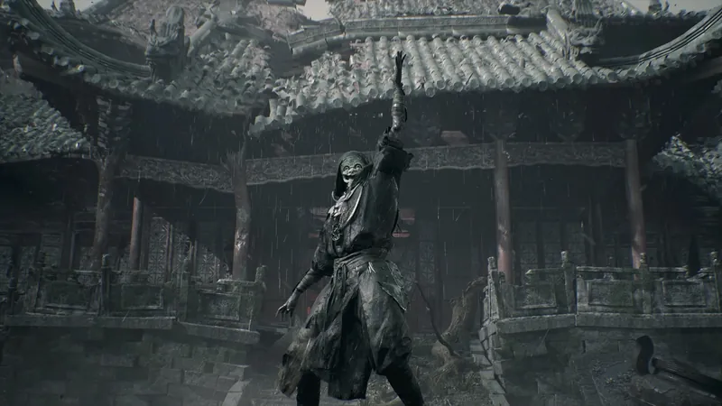 A masked figure before a temple.