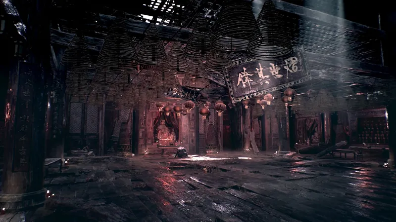 A temple hall hung with incense coils.