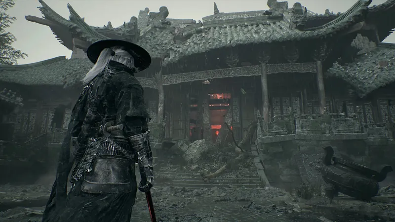 A figure before a ruined temple.