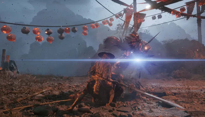 A fight under red lanterns, a flash of blue light.