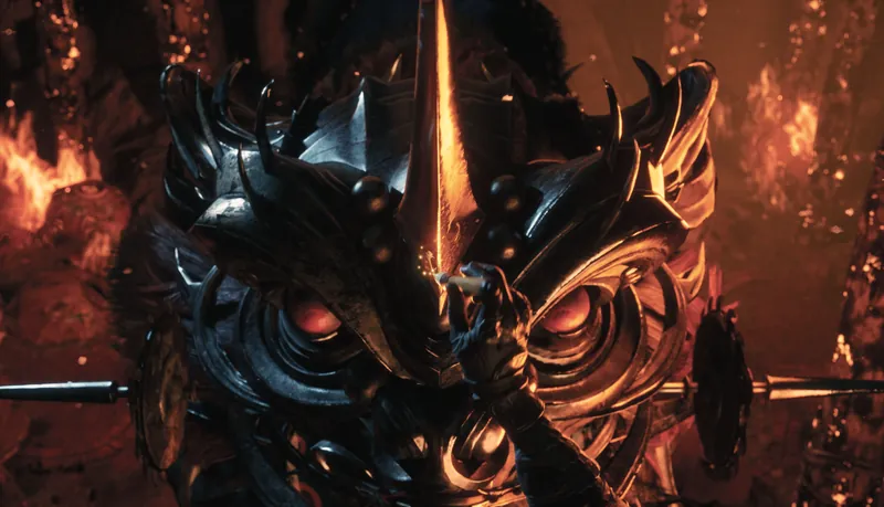 A horned helmet with red eyes, fire behind.
