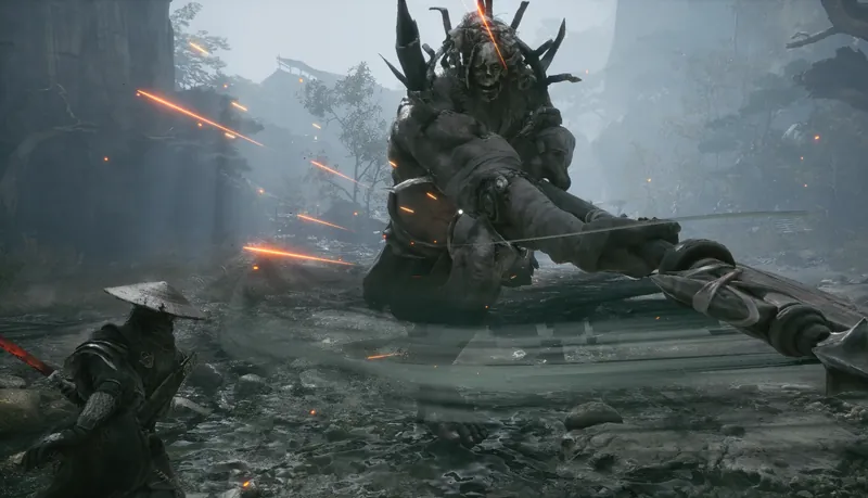 A giant swinging at a small figure.