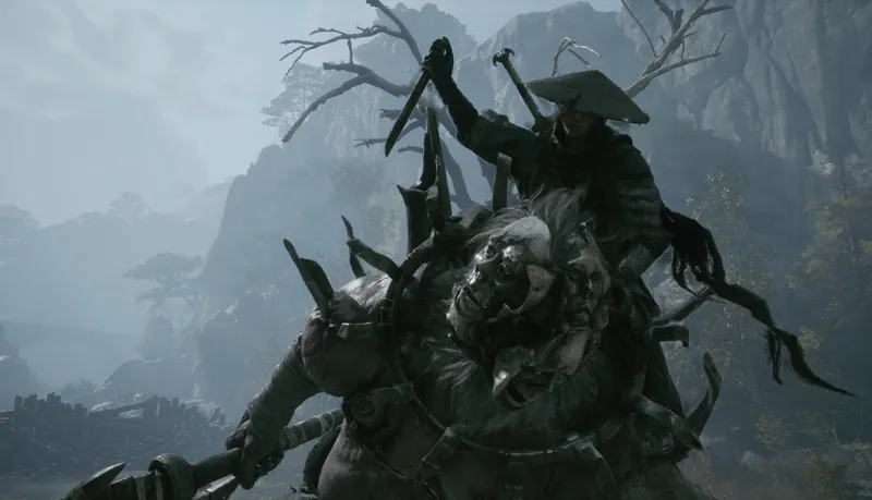 A figure stabbing down into a giant creature.