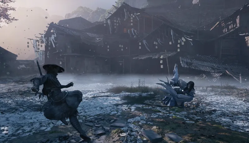 A fight in a misty village square.