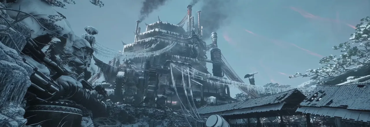 A snow-covered machine with long metal tubes before an icy, tiered building with smoking chimneys.