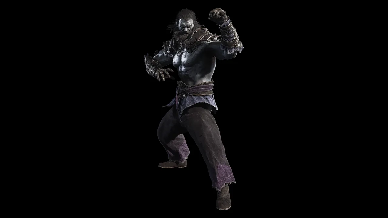 A bare-chested fighter crouches with both fists raised and metal on the forearms.