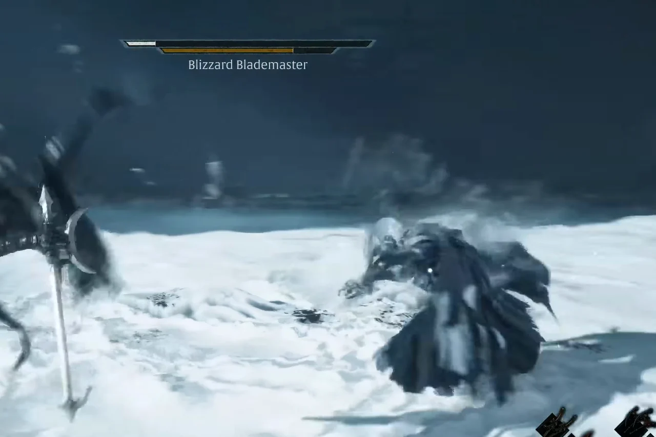 A pale robed figure faces a dark figure on a snowfield.