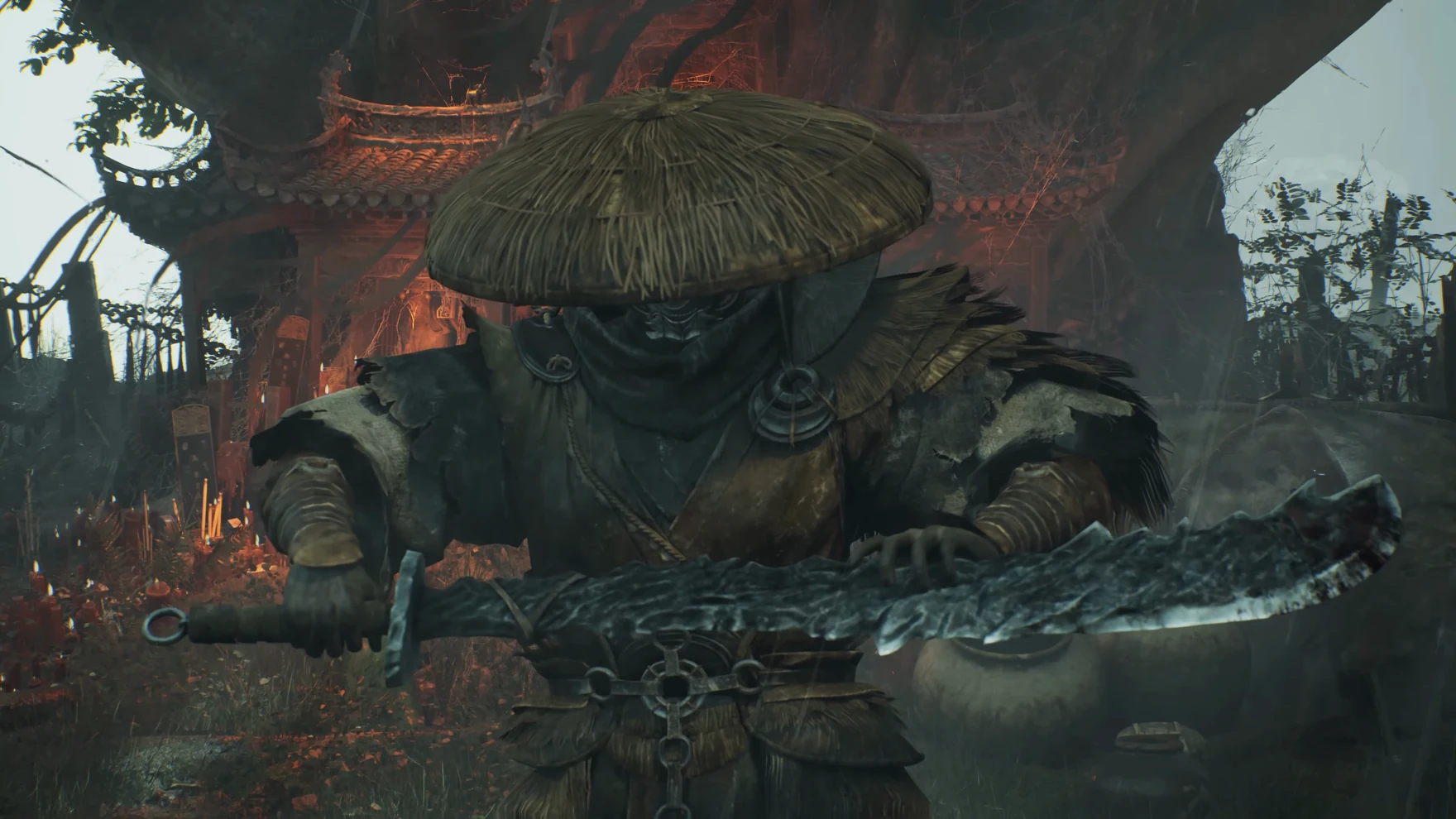A figure in a wide straw hat holds a serrated broad blade.