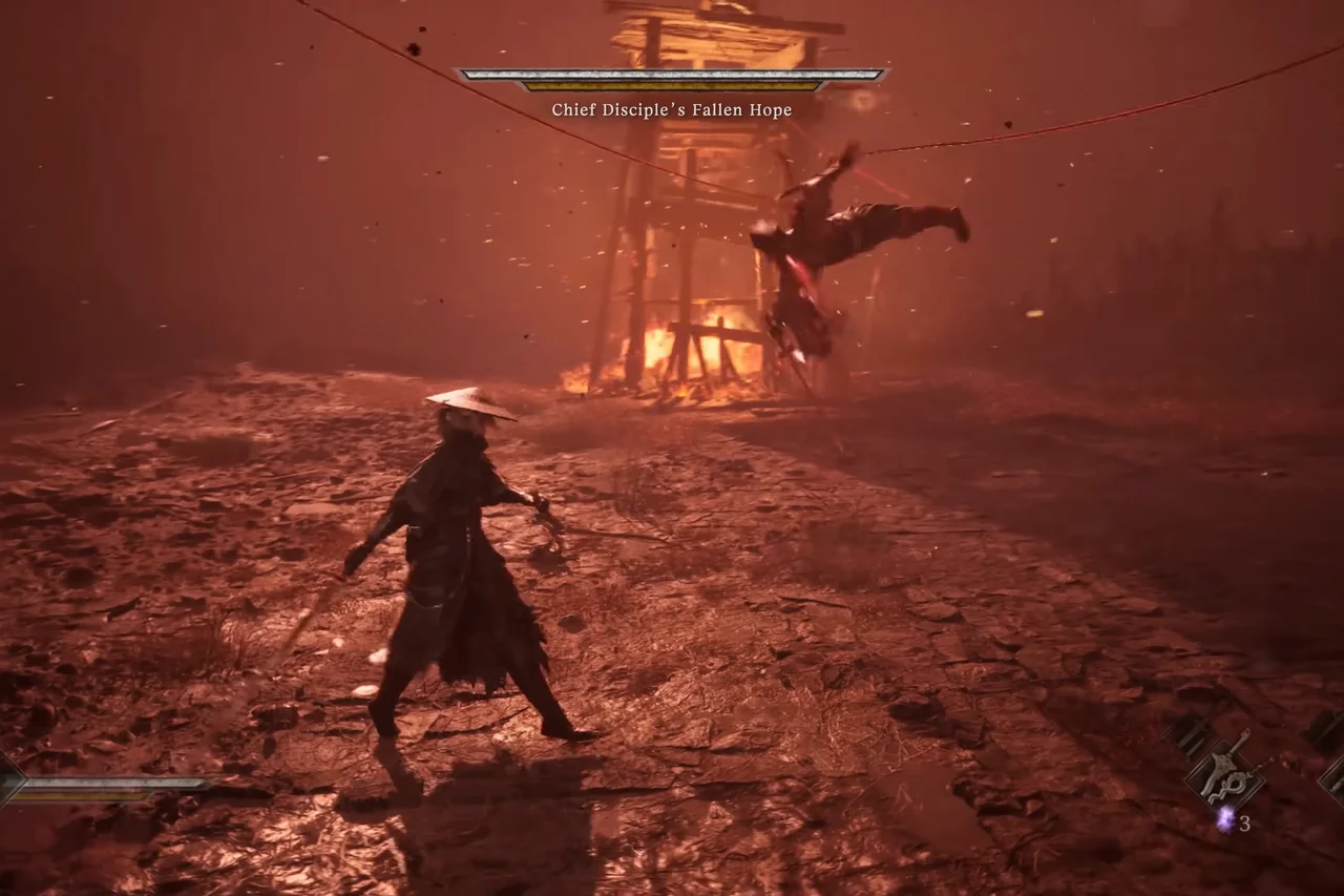 Under a red sky, a figure in a straw hat faces a figure hanging in the air before a burning tower.