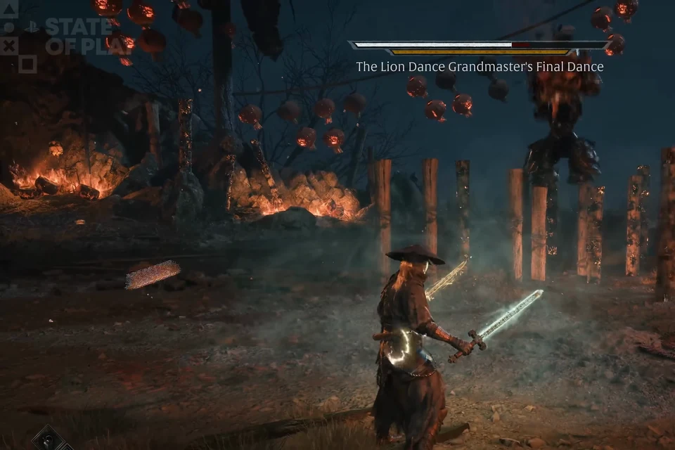 A figure with a glowing blade stands among tall wooden posts at night.