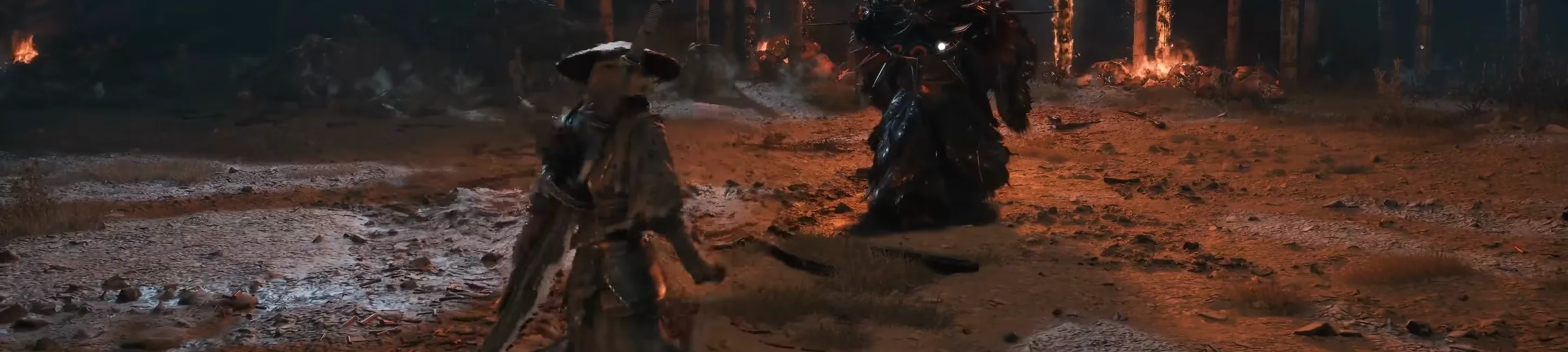A figure in a straw hat faces a hulking lion-masked figure across a burning yard.