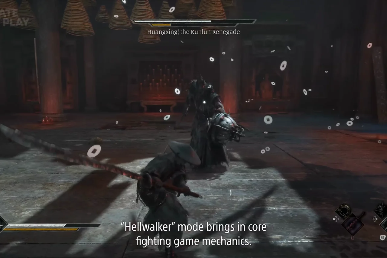 A dark armoured figure among flying white rings in a hall of red pillars.