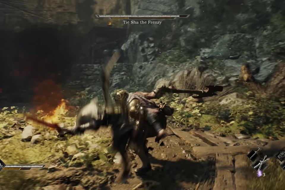 A gold-masked figure swings an axe beside a campfire.