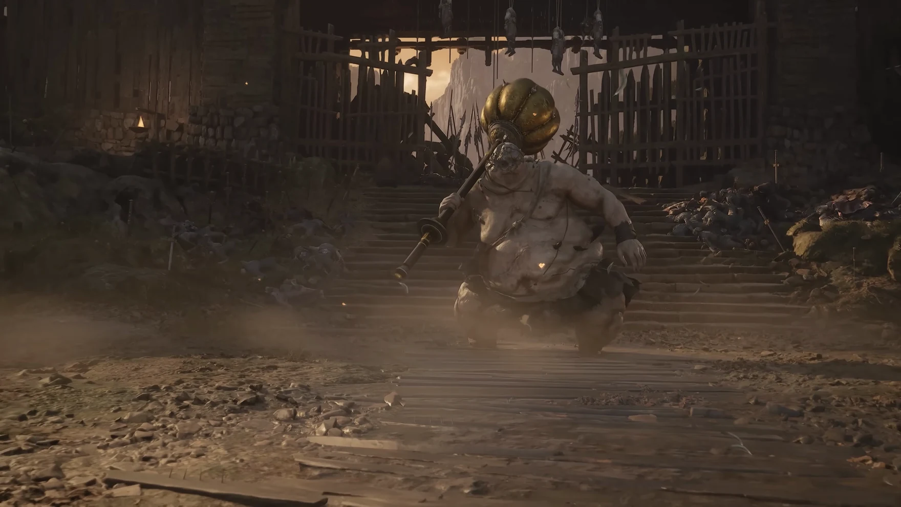 A heavy-set figure with a golden hammer at a palisade gate.