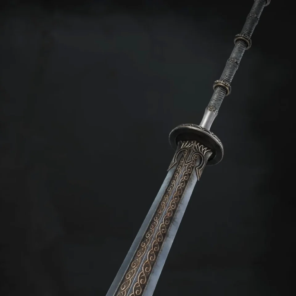 A long straight blade with a wave pattern on a dark menu background.