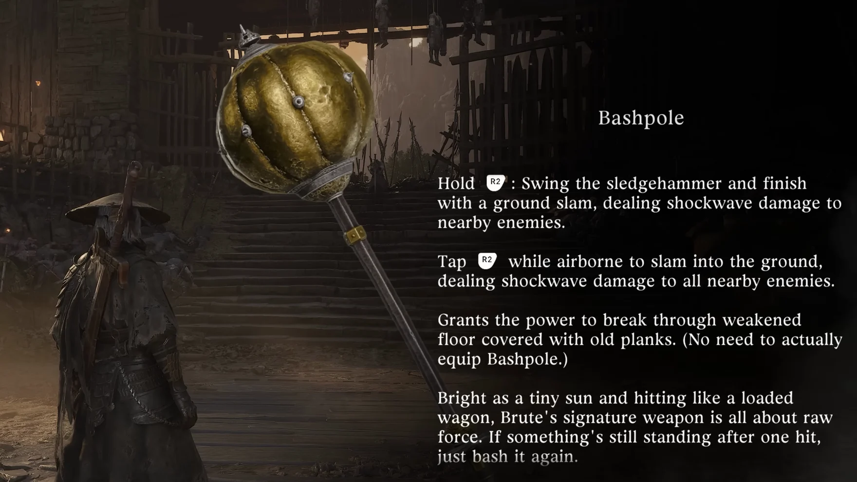 A golden gourd-headed hammer on a long pole beside an item card; a figure in a straw hat stands in a yard.