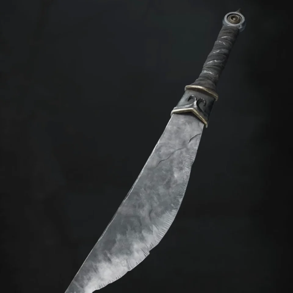 A curved, razor-thin blade with a wrapped grip on a dark menu background.